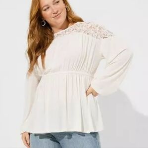 Studio Crepe Crew Neck Lace Yoke Babydoll Top Size 00